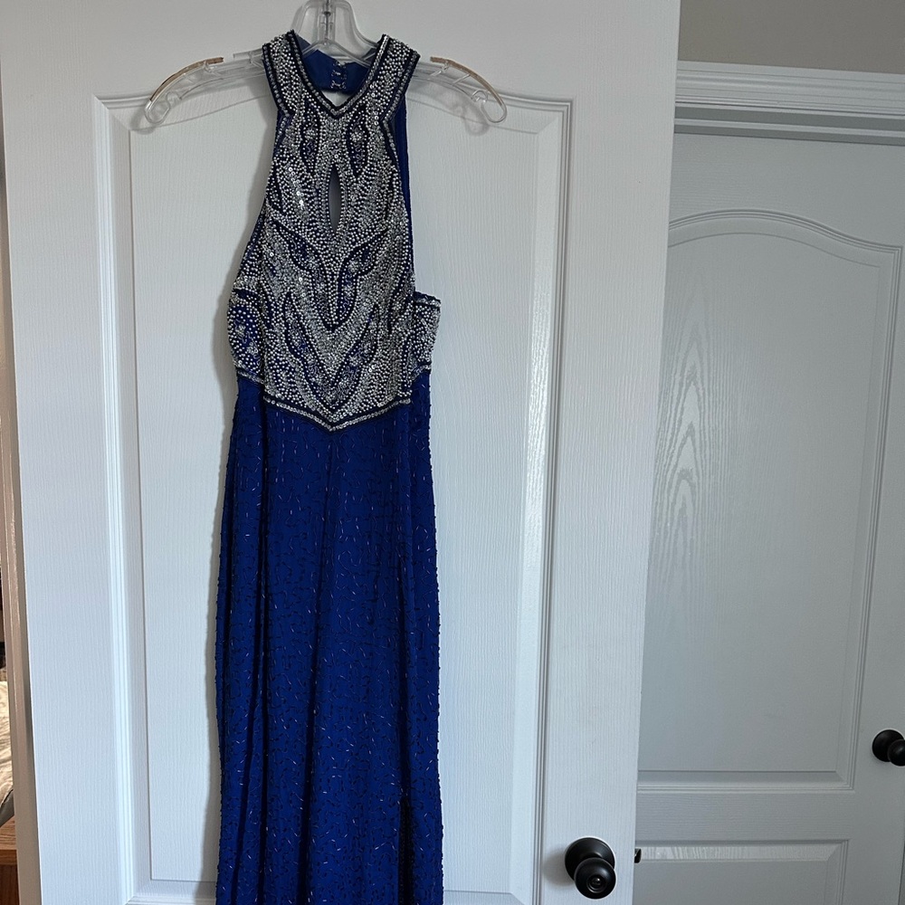 Laurence Kazar floor length royal blue beaded dress - small